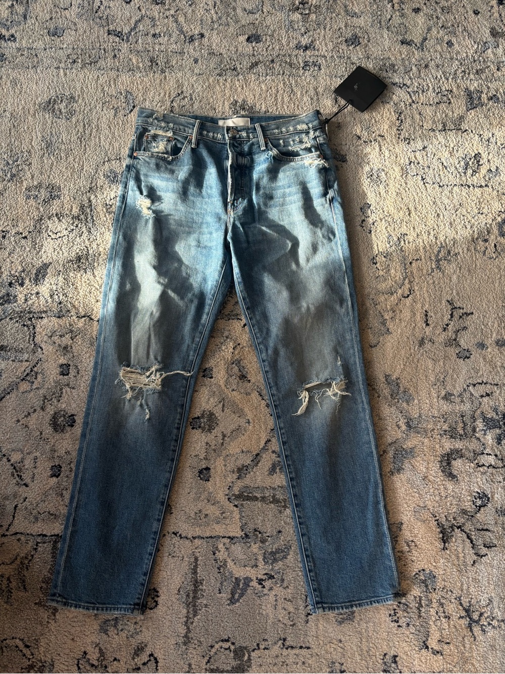 MOTHER Straight-Leg Distressed Blue Jeans
